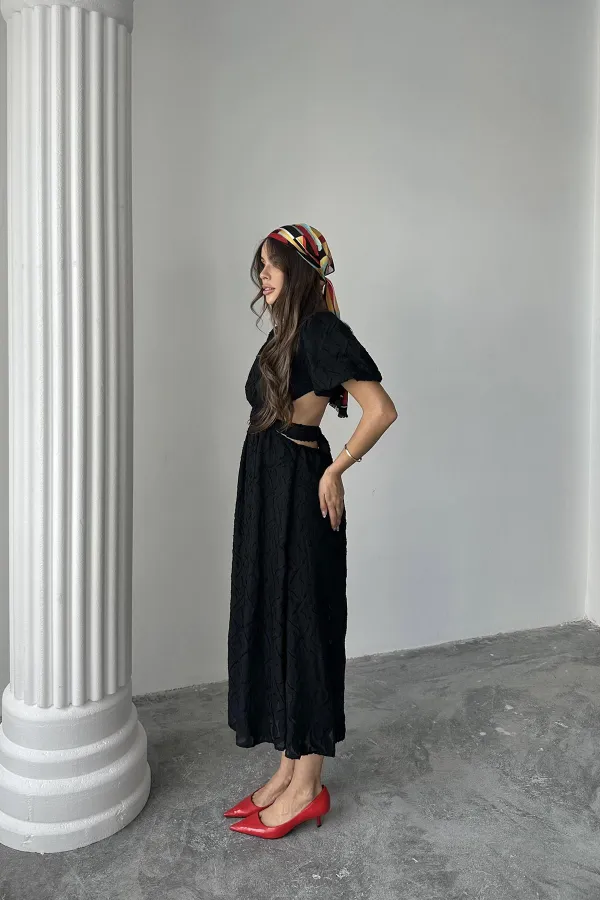 Toptan Siyah Balon Kol Kuşaklı Elbise