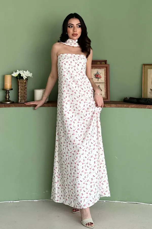 Toptan Beyaz Boyundan Fularlı Elbise