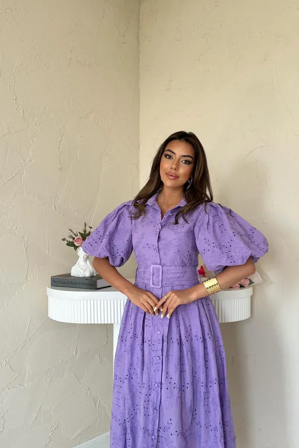 Robe plissée lilas à manches ballon en gros