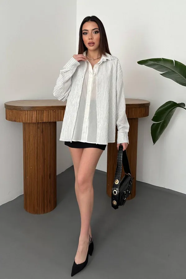 Toptan Beyaz Çizgili Garnili Gömlek