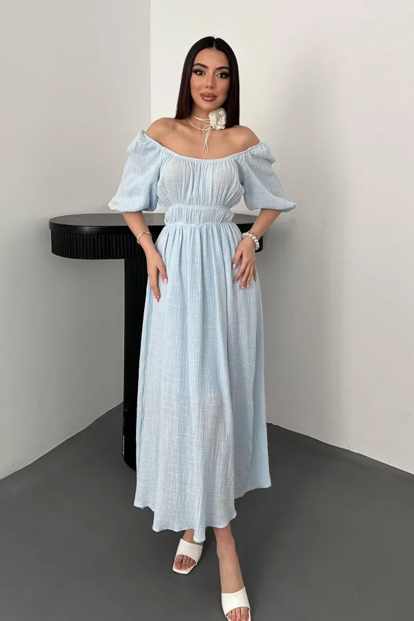 Robe en mousseline de lin bleu bébé à col froncé en gros