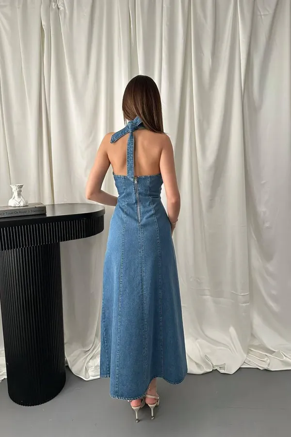 Toptan Mavi Boyundan Bağlamalı Kot Elbise