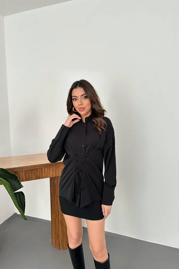 Chemise à lacets patchwork Jessica noire en gros