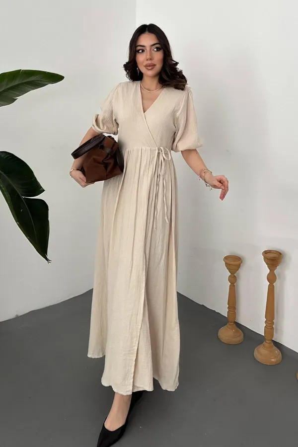 Robe longue beige en mousseline de mousseline en gros