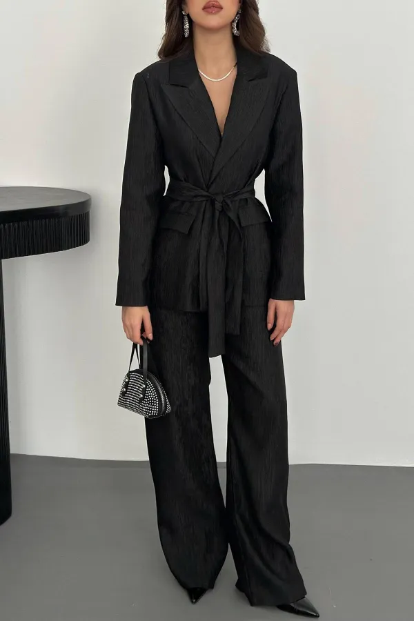 Toptan Siyah Parlak Beli Kuşaklı Takım