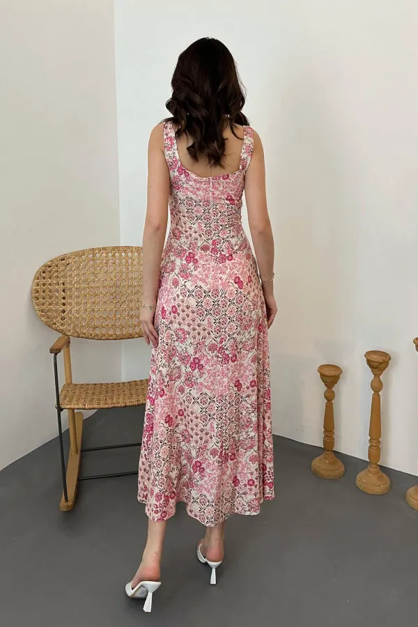 Toptan Pembe Çiçekli Viskon Elbise