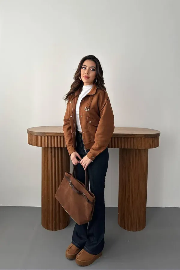 Toptan Camel Dik Yakalı Kısa Ceket