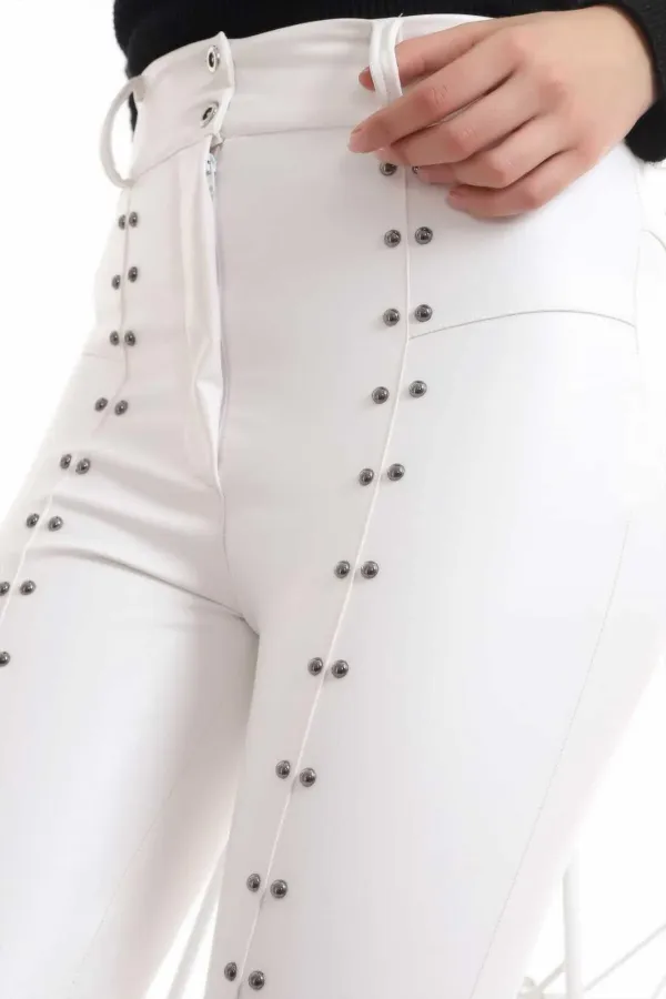 Leggings en cuir brodés de pierres blanches en gros