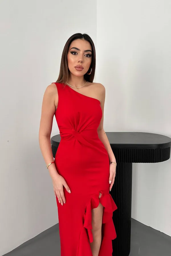 Robe rouge à volants fendue en gros