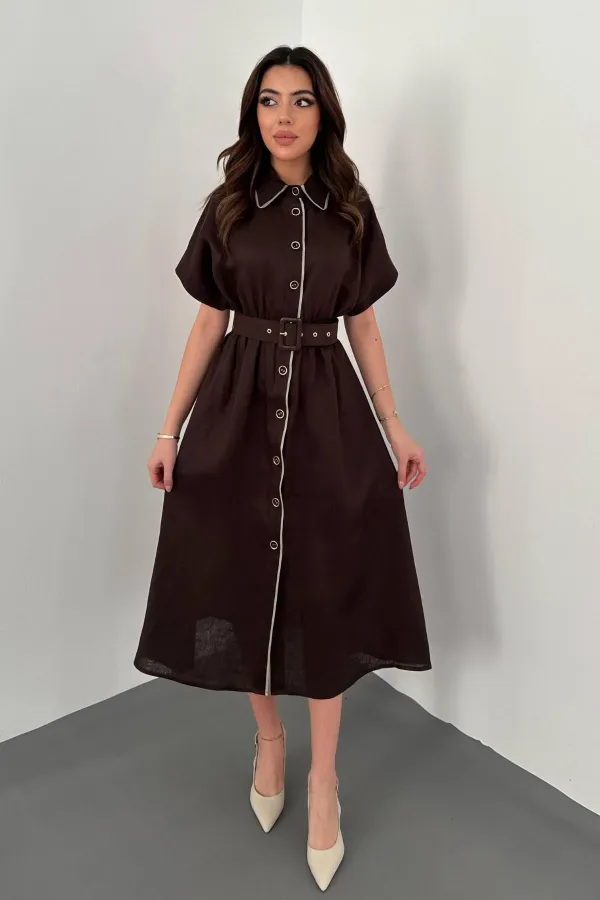 Toptan Kahverengi Gömlek Elbise