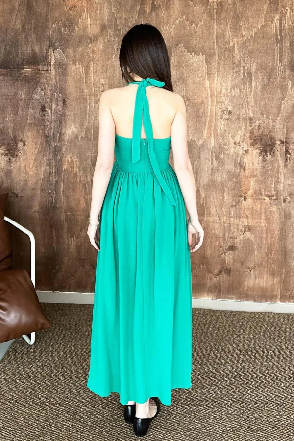 Toptan Yeşil Boyundan Bağlamalı Keten Elbise