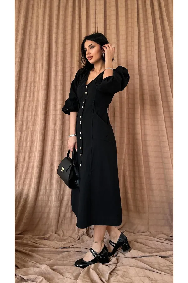 Robe boutonnée teinte en lin noir flammé en gros