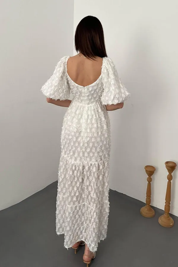 Toptan Beyaz Balon Kollu Fırfırlı Elbise