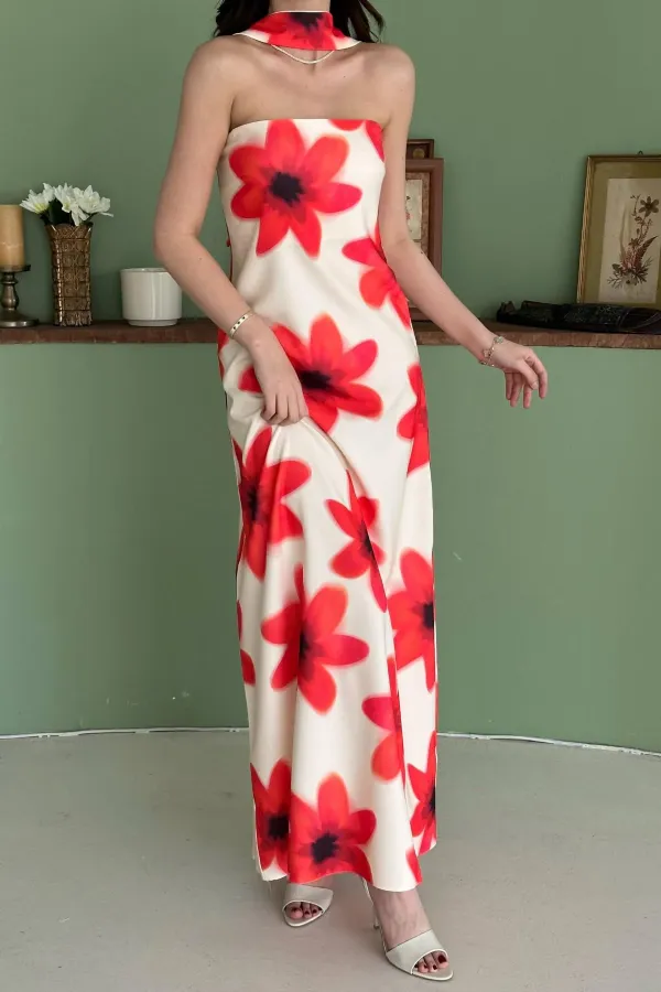 Toptan Sarı Boyundan Fularlı Elbise