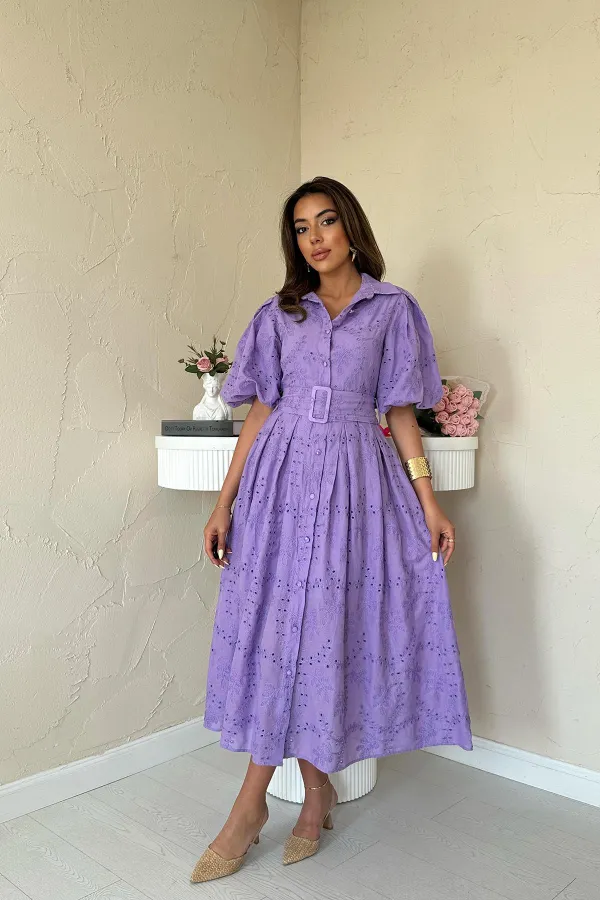 Robe plissée lilas à manches ballon en gros