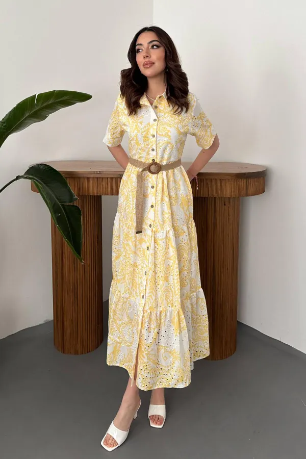 Wholesale Yellow Embroidered Lace-Up Sleeve Dress