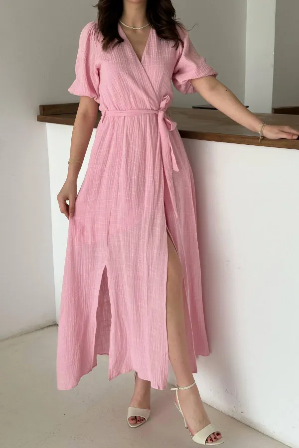 Toptan Pembe Kruvaze Yaka Müslin Keten Elbise