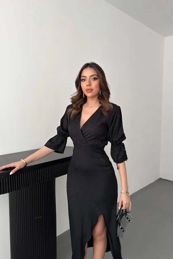 Robe jacquard fendue noire en gros