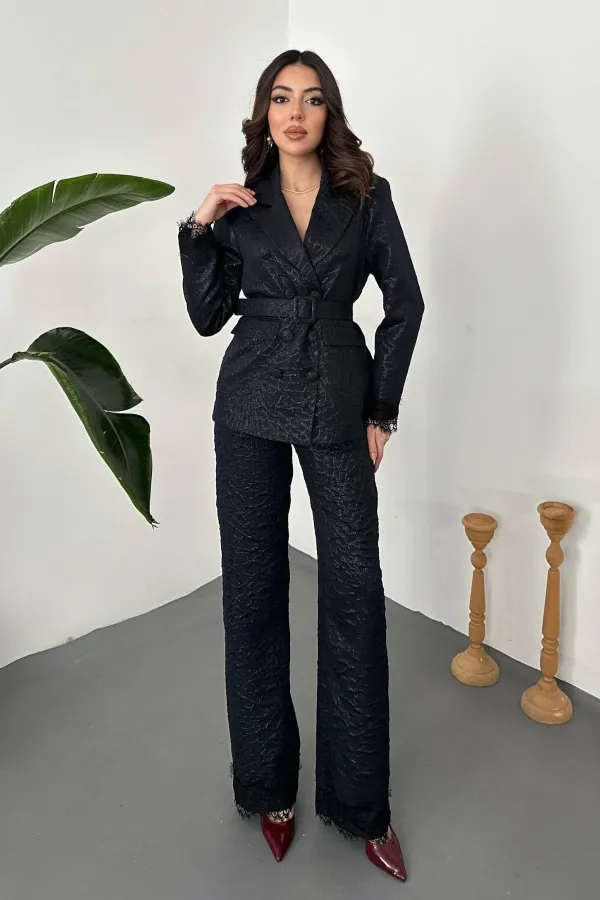 Toptan Lacivert Kolları Dantelli Takım