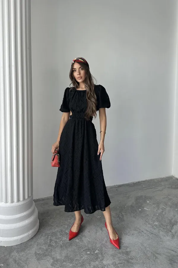 Toptan Siyah Balon Kol Kuşaklı Elbise