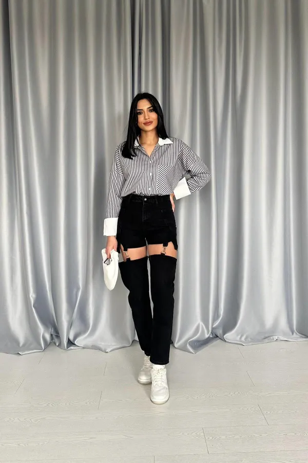 Toptan Siyah Askılı İki Parça Jeans Pantolon