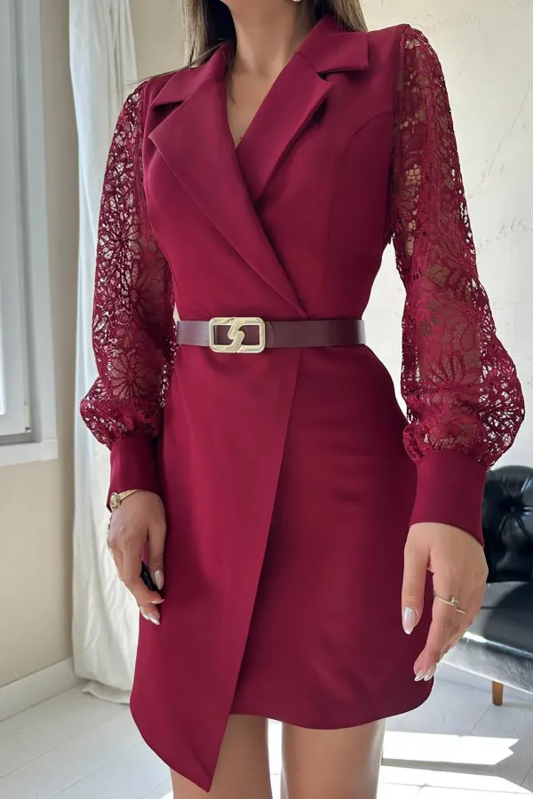 Wholesale Burgundy Laced Sleeve Atlas Dress