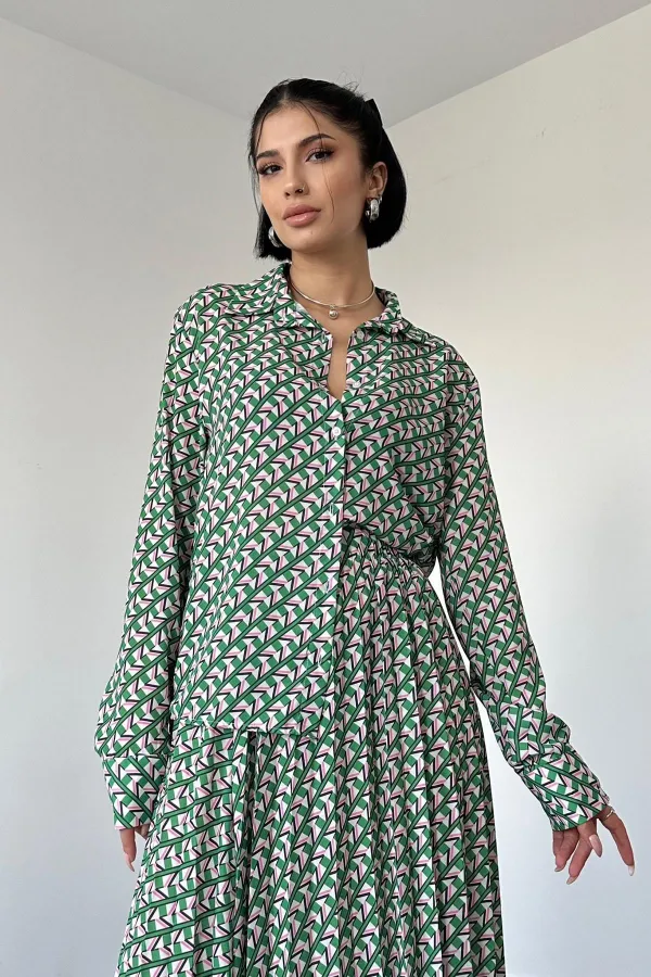Ensemble chemise et jupe en viscose à motifs - Vert