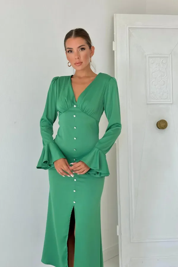 Robe en satin verte fendue et boutonnée sur le devant, vente en gros