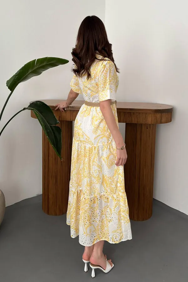 Wholesale Yellow Embroidered Lace-Up Sleeve Dress