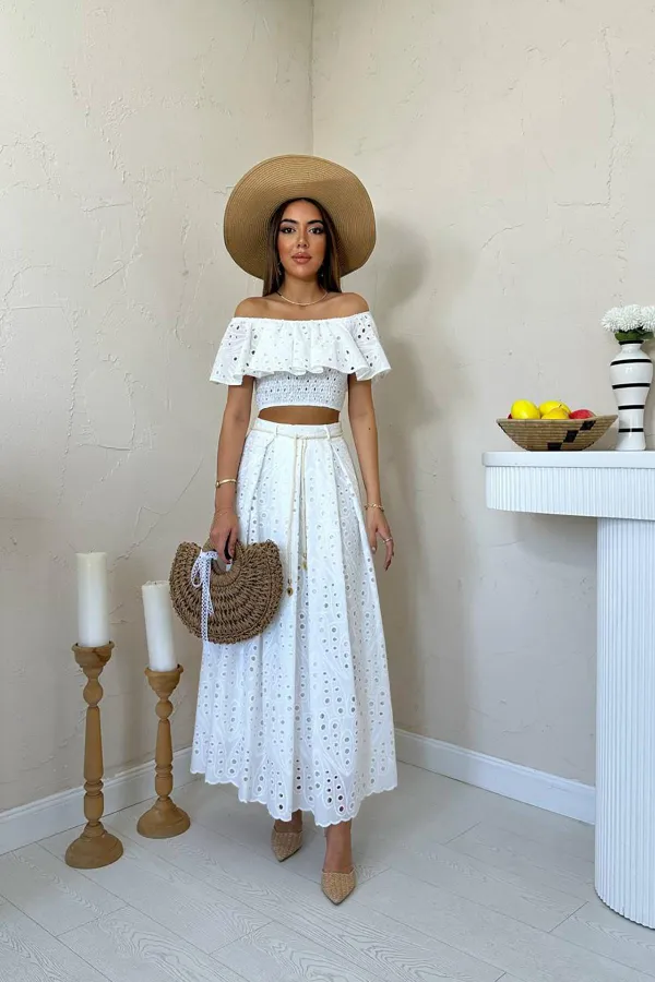 Wholesale White Gipel Blouse Skirt Set