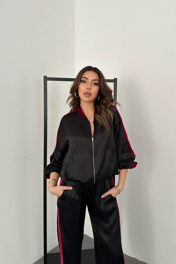 Wholesale Black Velvet Striped Satin Tracksuit