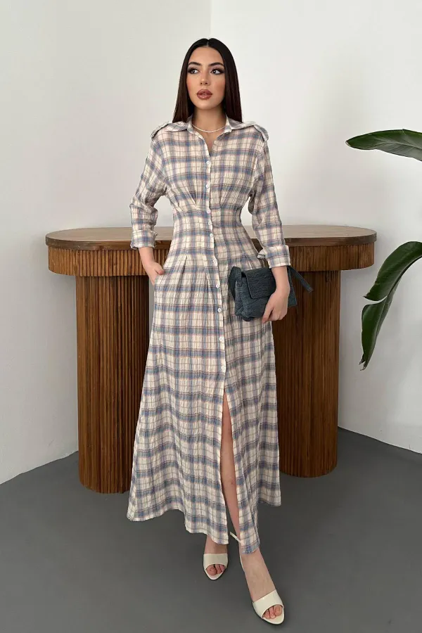 Wholesale Blue Pleated Plaid Dress