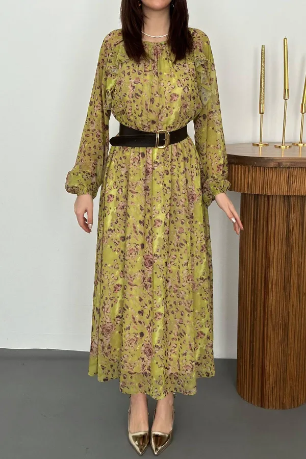 Toptan Yeşil Fırfırlı Şifon Elbise