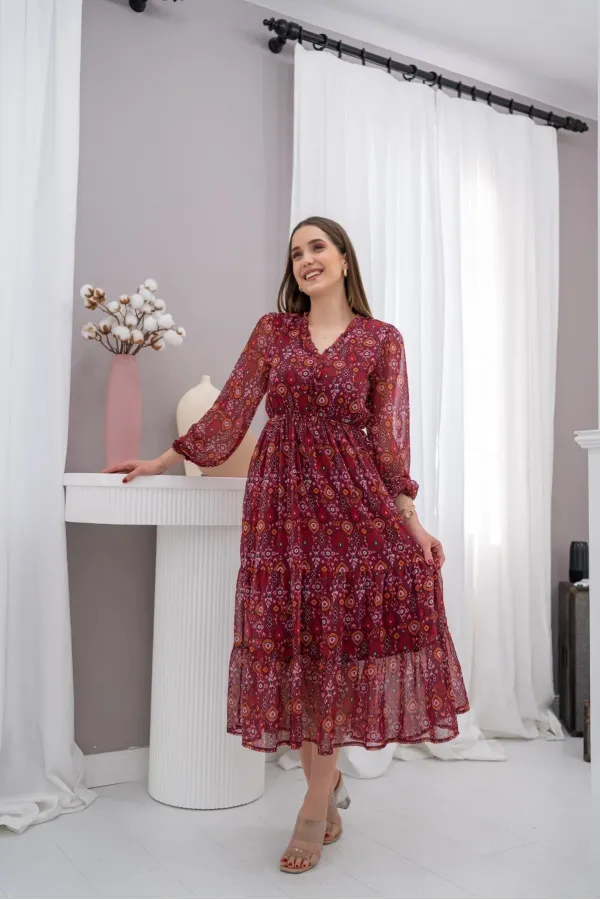 Robe en mousseline bordeaux à motifs, vente en gros