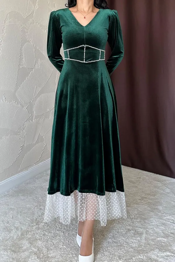 Robe en velours avec accessoires en perles émeraude en gros
