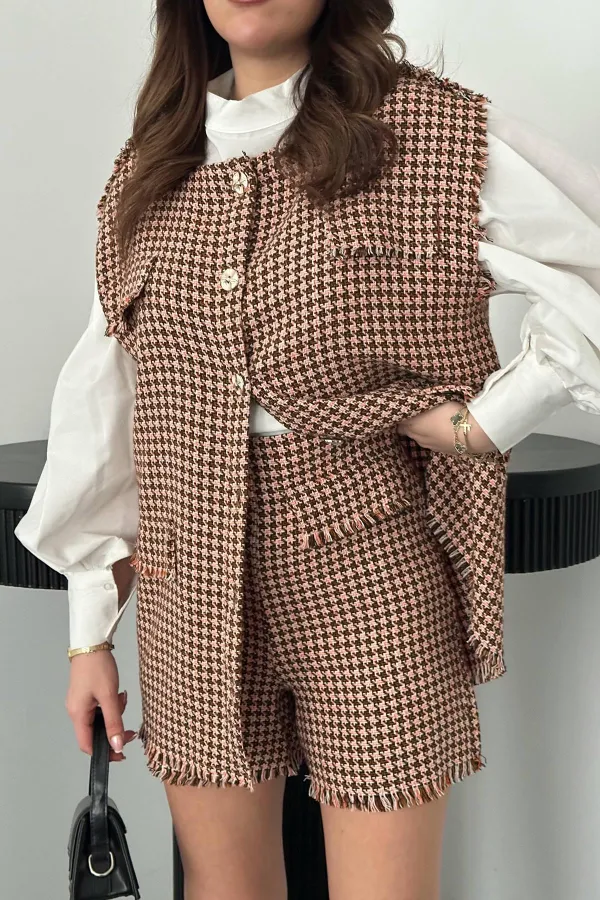 Ensemble gilet et short à motif pied-de-poule marron en gros