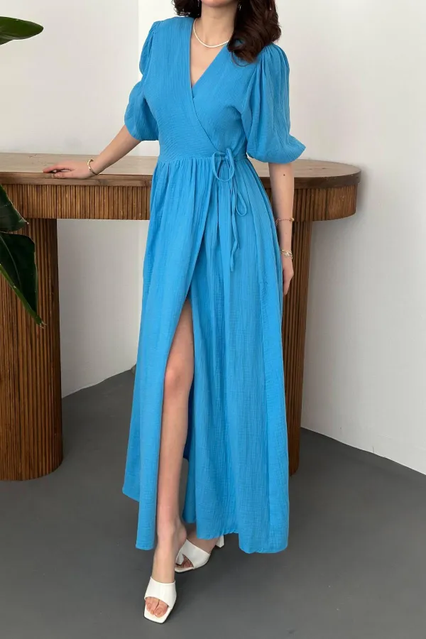 Robe longue bleue en mousseline de mousseline en gros