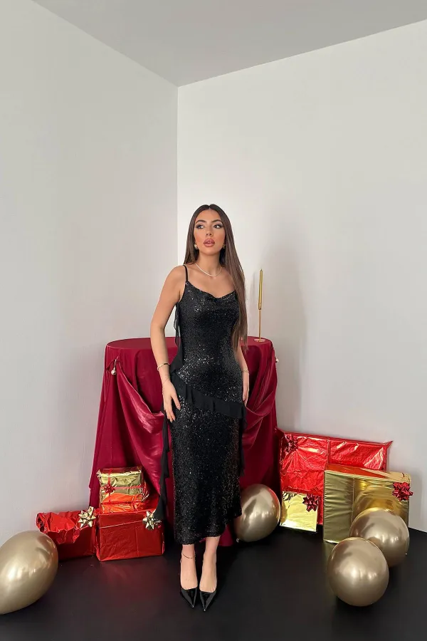 Wholesale Black Sequined Chiffon Ruffle Dress