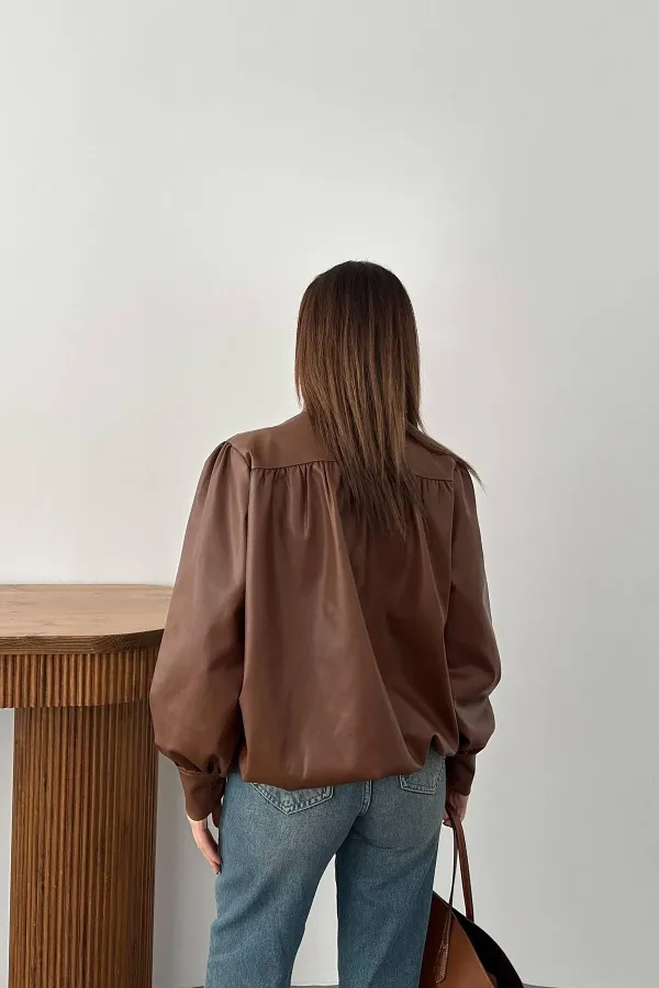 Toptan Kahverengi Düğmeli Deri Ceket