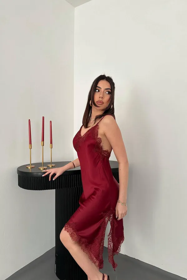 Toptan Bordo Dantelli Elbise