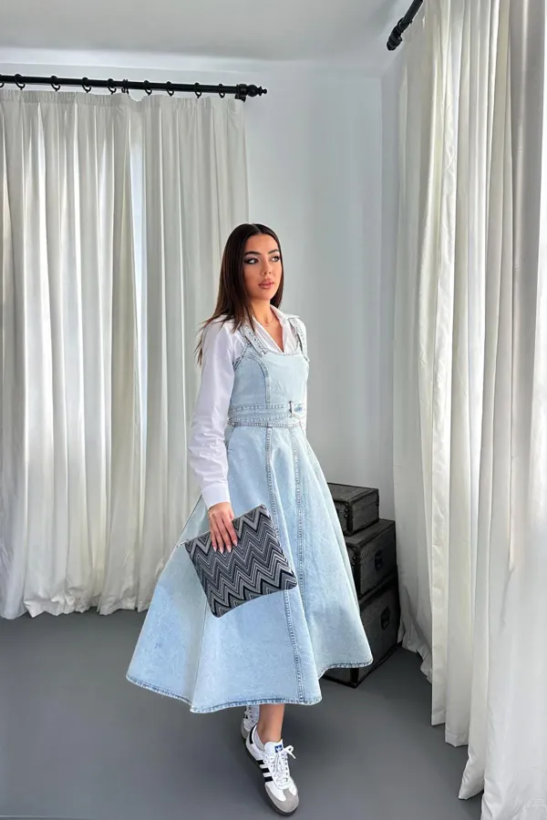 Toptan Kar Yıkama Midi Boy Bantlı Kot Elbise