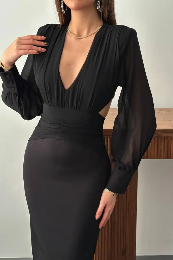 Robe noire en mousseline de soie avec manches et détails à la taille dans le dos, vente en gros