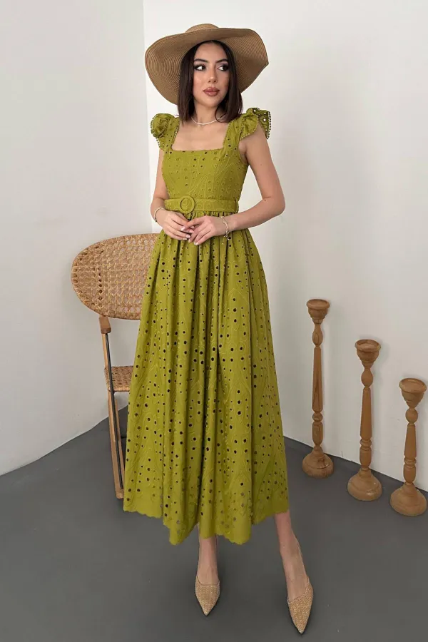 Toptan Fıstık Yeşili Dantelli Brode Elbise