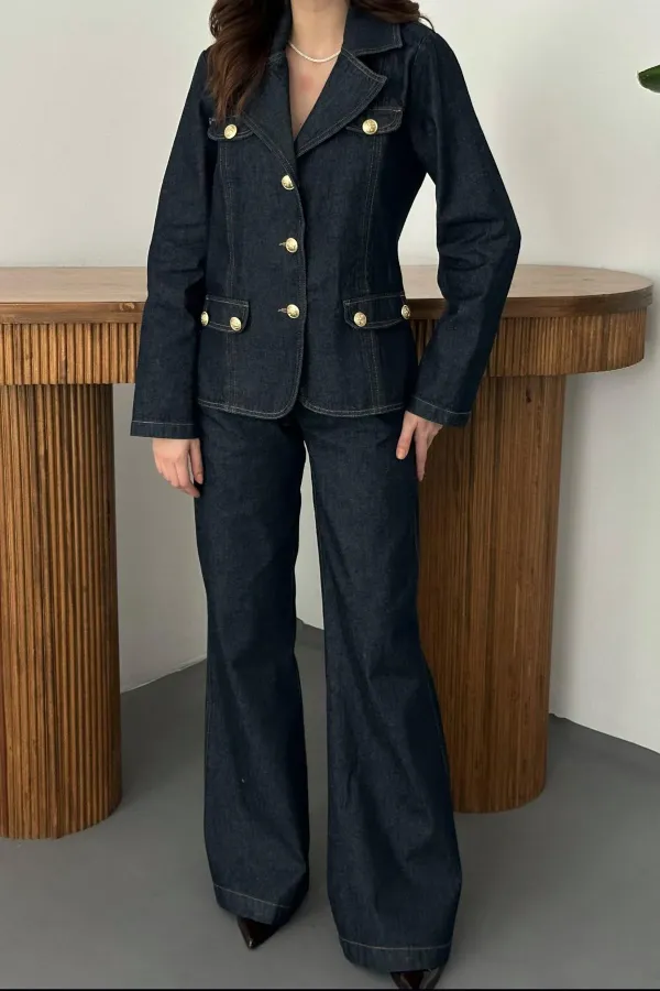 Toptan Mavi Gold Düğmeli Kot Takım