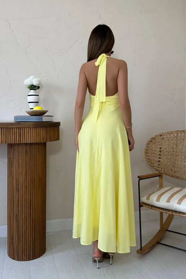 Toptan Sarı Askılı Keten Elbise