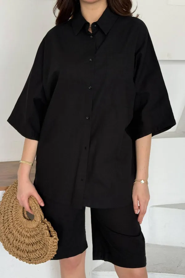 Ensemble chemise et short en lin noir à manches courtes en gros