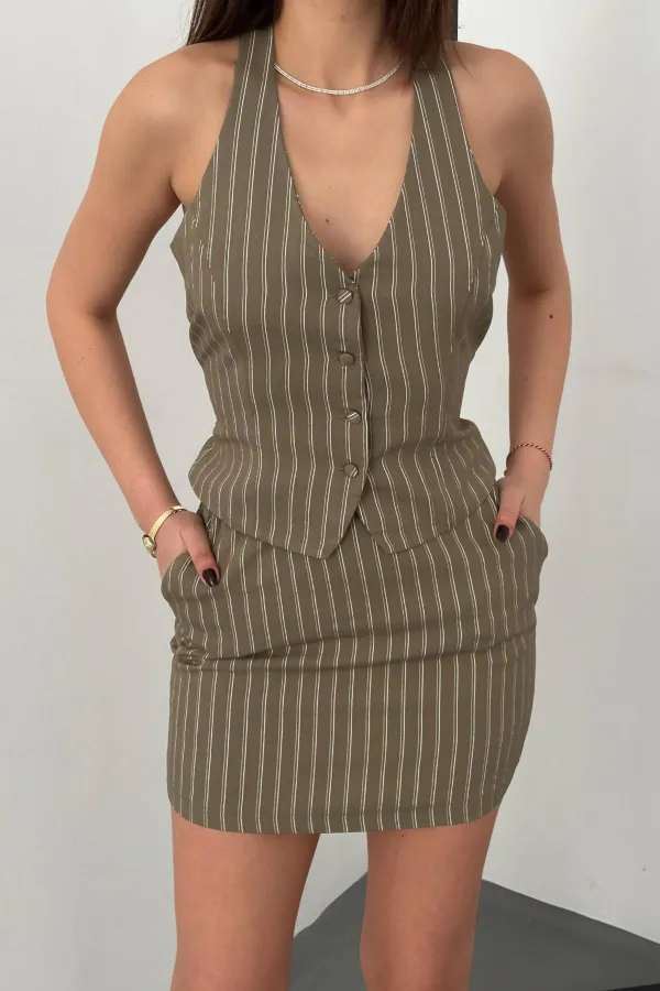 Toptan Haki Çizgili Yelek Ve Etek Takım