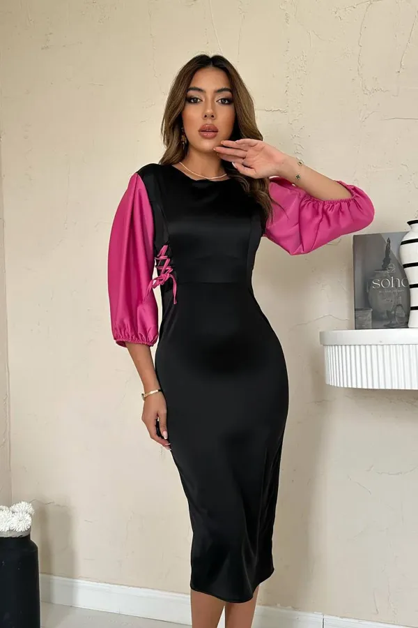 Robe en satin noir fuchsia avec détails en dentelle, vente en gros