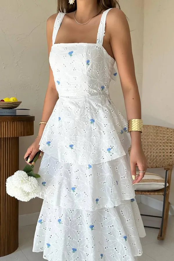 Toptan Mavi Kat Kat Arkası Bağlamalı Elbise