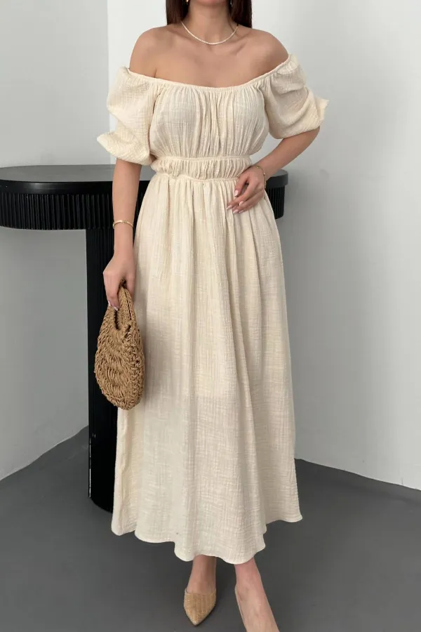 Toptan Bej Yakası Büzgülü Müslin Keten Elbise